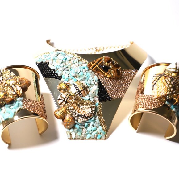 Gold Plated Choker 2 Bracelet and Earrings Set by Patricia Adelson - Picture 9 of 12